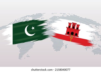 Pakistan and Gibraltar flags. Pakistani and Gibraltarian flags, isolated on grey world map background. Vector illustration.