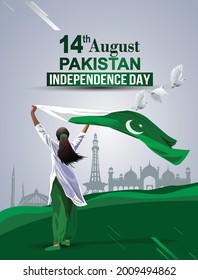 Pakistan Girl waving flag her hands. 14 August Happy Independence day celebration concept. can be used as poster or banner design. vector illustration design.	