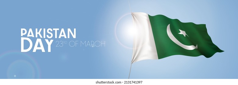 Pakistan happy day greeting card, banner with template text vector illustration. Pakistani memorial holiday 23rd of March design element with 3D flag with crescent