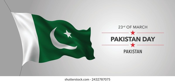 Pakistan happy day greeting card, banner with template text vector illustration. Pakistani memorial holiday 23rd of March design element with 3D flag with stripes