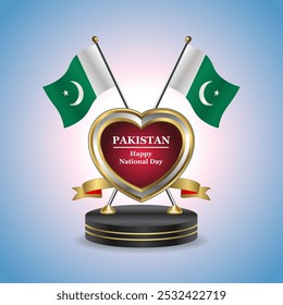 Pakistan Happy National Day small table flag with Golden Heart