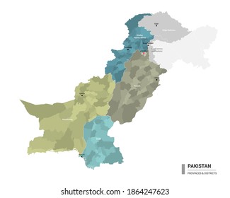 Pakistan higt detailed map with subdivisions. Administrative map of Pakistan with districts and cities name, colored by states and administrative districts. Vector illustration.