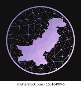 Pakistan icon. Vector polygonal map of the country. Pakistan icon in geometric style. The country map with purple low poly gradient on dark background.