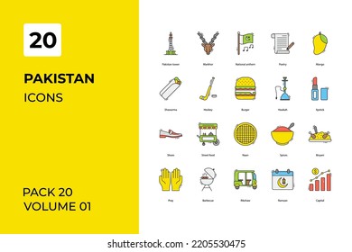 Pakistan icons collection. Set vector line with elements for mobile concepts and web apps. Collection modern icons.