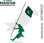 Pakistan Independence Day 14 August 1947, Man holding a Pakistan Flag and Running, Isolated on White Background and Pakistan Map