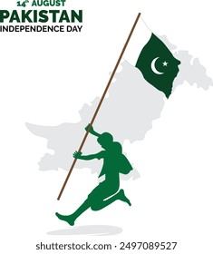 Pakistan Independence Day 14 August 1947, Man holding a Pakistan Flag and Running, Isolated on White Background and Pakistan Map