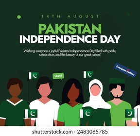 Pakistan Independence Day. 14th August Pakistan independence day celebration banner with people of different ethnic celebrating the day holding its flags. 77th independence day in 2024. 