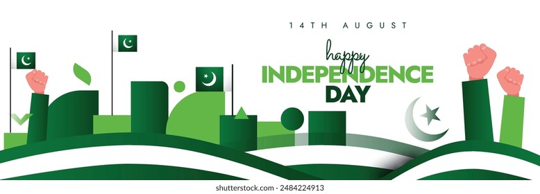 Pakistan Independence Day, 14th August celebration cover banner. Pakistan Independence day post with its flags, hand fist in air symbolising unity, abstract art design in flag colours white and green.