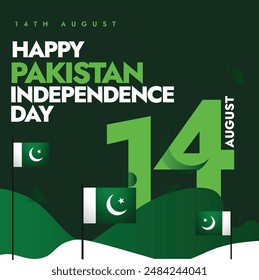 Pakistan Independence Day, 14th August celebration banner. Pakistan independence day wishing banner with its flag, green background. The day is celebrated as country become independent.