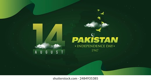 Día de la Independencia de Pakistán, 14 de agosto, Día de la Independencia de Pakistán Plantilla de diseño de Anuncio con fondo verde. Ilustración vectorial