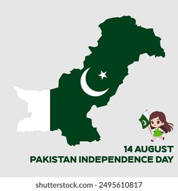 Día de la Independencia de Pakistán. 14 de agosto. Plantilla de diseño de publicación y Tarjeta de regalo en medios sociales con Pakistan Map y una niña de dibujos animados. Archivo EPS editable.