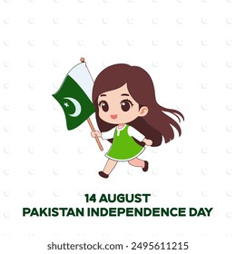 Día de la Independencia de Pakistán. 14 de agosto. Publicación en medios sociales y Plantilla de diseño de Tarjeta de regalo con un personaje de una niña de dibujos animados ondeando una bandera paquistaní en verde y blanco. Archivo EPS editable.