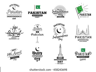 Pakistan Independence day, 14th august. Vector typographic emblems, logo or badges. Usable for greeting cards, print, t-shirts, posters and banners.