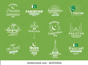 Pakistan Independence day, 14th august. Vector typographic emblems, logo or badges. Usable for greeting cards, print, t-shirts, posters and banners.