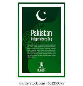 Pakistan Independence Day, August 14. Greeting card with oriental ornament, green leaves and symbol of Islam, star and crescent