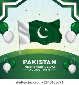 Pakistan Independence Day August 14th with Pakistan flag baloon and sunburts background