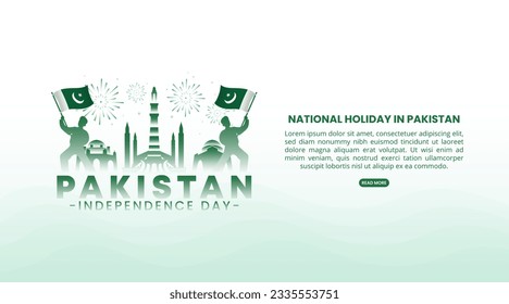 Pakistan Independence Day background with a silhouette of a man holding a flag and buildings