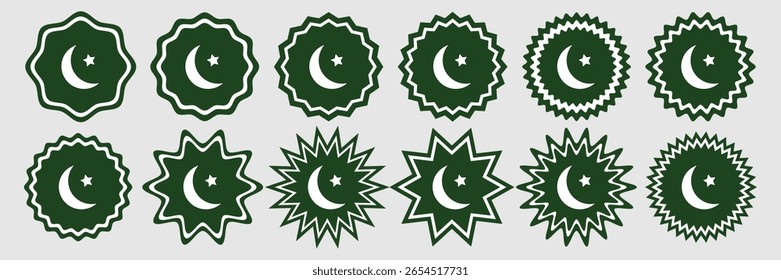 Pakistan Independence Day Badge Icon Set with Crescent Moon and Star for Social Media, Posters, Banners, Cards, and National Celebrations