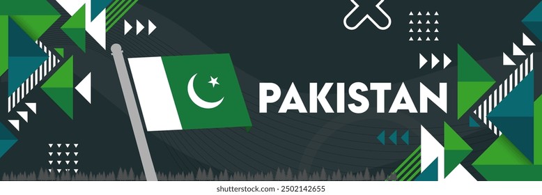 Pakistan independence day banner, Green white flag colors background and geometric abstract modern design. Pakistani flag national day business theme. Vector Illustration.