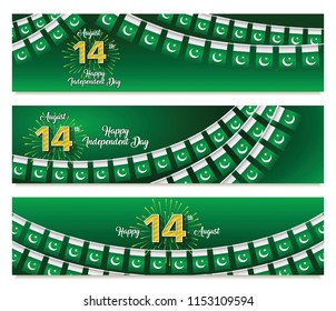 Pakistan independence day banner & header set, 14th August flag bunting background, Pakistan flag wallpaper, vector illustration