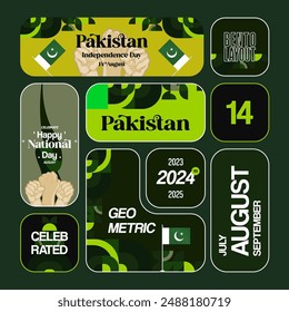 Pakistan Independence Day banner in modern geometric bento style. Square banner for celebration day with flags and typography. National holiday celebration background. Happy Pakistan Independence Day