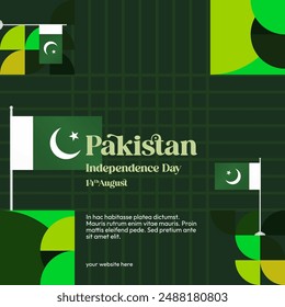 Pakistan Independence Day banner in modern geometric style. Square banner for celebration day with flags and typography. National holiday celebration backgrounds. Happy Pakistan Independence Day