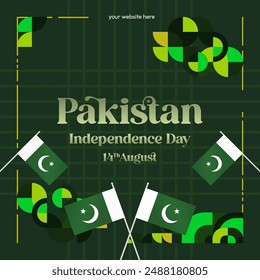 Pakistan Independence Day banner in modern geometric style. Square banner for celebration day with flags and typography. National holiday celebration backgrounds. Happy Pakistan Independence Day