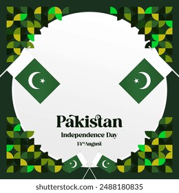 Pakistan Independence Day banner in modern geometric style. Square banner for celebration day with flags and typography. National holiday celebration backgrounds. Happy Pakistan Independence Day