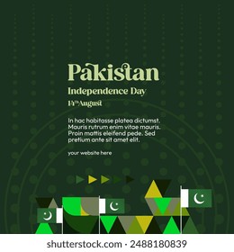 Pakistan Independence Day banner in modern geometric style. Square banner for celebration day with flags and typography. National holiday celebration backgrounds. Happy Pakistan Independence Day