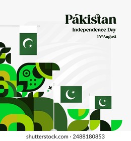 Pakistan Independence Day banner in modern geometric style. Square banner for celebration day with flags and typography. National holiday celebration backgrounds. Happy Pakistan Independence Day