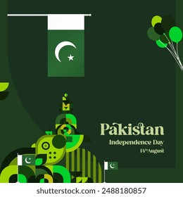 Pakistan Independence Day banner in modern geometric style. Square banner for celebration day with flags and typography. National holiday celebration backgrounds. Happy Pakistan Independence Day
