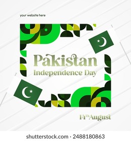 Anuncio del Día de la Independencia de Pakistán en estilo geométrico moderno. Anuncio cuadrado para el día de celebración con banderas y tipografía. Fondos de celebración de festividades nacionales. Feliz Día de la Independencia de Pakistán