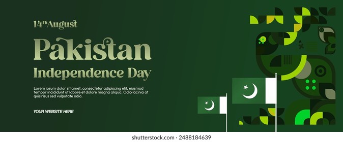 Pakistan Independence Day banner in modern geometric style. Wide banner with typography and also country flag. Background for National holiday celebration party. Happy Independence Day of Pakistan