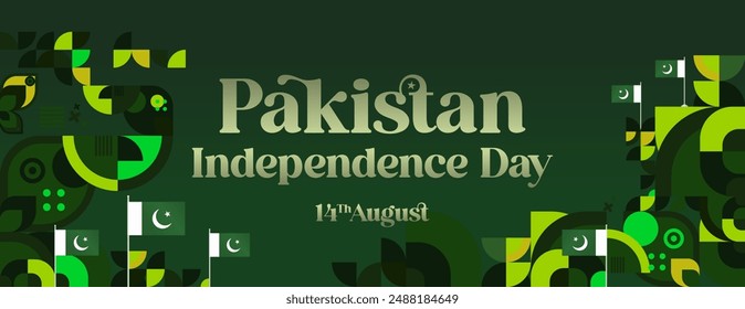 Pakistan Independence Day banner in modern geometric style. Wide banner with typography and also country flag. Background for National holiday celebration party. Happy Independence Day of Pakistan