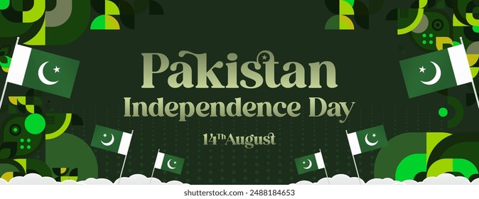 Pakistan Independence Day banner in modern geometric style. Wide banner with typography and also country flag. Background for National holiday celebration party. Happy Independence Day of Pakistan