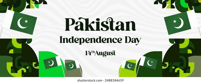 Pakistan Independence Day banner in modern geometric style. Wide banner with typography and also country flag. Background for National holiday celebration party. Happy Independence Day of Pakistan