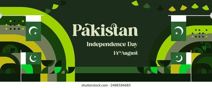 Pakistan Independence Day banner in modern geometric style. Wide banner with typography and also country flag. Background for National holiday celebration party. Happy Independence Day of Pakistan