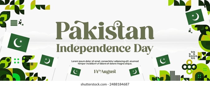 Anuncio del Día de la Independencia de Pakistán en estilo geométrico moderno. Amplio Anuncio con tipografía y también bandera del país. Antecedentes de la fiesta de celebración de la fiesta nacional. Feliz Día de la Independencia de Pakistán