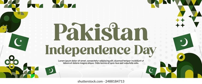 Pakistan Independence Day banner in modern geometric style. Wide banner with typography and also country flag. Background for National holiday celebration party. Happy Independence Day of Pakistan