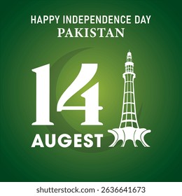 Pakistan Independence Day banner, poster, card, template with minar e pakistan, moon, stars, jet fighter, sparking light, with green background