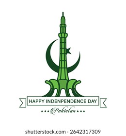 Pakistan Independence Day banner, poster, card, template with miner e Pakistan, moon, stars, jet fighter, sparking light, with green background