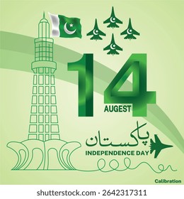 Pakistan Independence Day banner, poster, card, template with miner e Pakistan, moon, stars, jet fighter, sparking light, with green background
