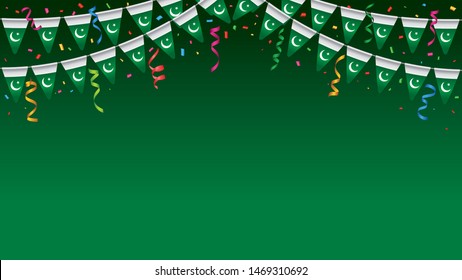 Pakistan independence day Celebration background template with colorful confetti, Pakistani flag Bunting with green background