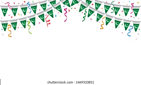 Pakistan independence day Celebration background template with colorful confetti, Pakistani flag Bunting with white background