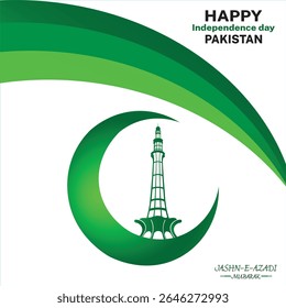 Pakistan Independence Day celebration event 14 august every year in Pakistan card, poster, template, banner, happy Independence Day, with moon, star, miner e Pakistan, with green and Wight background