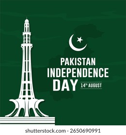 Pakistan Independence Day celebration event 14 August every year in Pakistan. best for card, poster, template, banner, happy Independence Day, with moon, star, map, miner e Pakistan. Green Background.