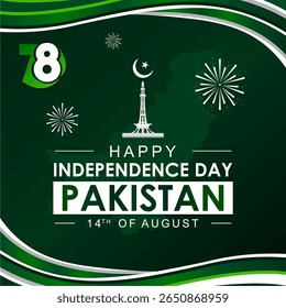 Pakistan Independence Day celebration event 14 August every year in Pakistan. best for card, poster, template, banner, happy Independence Day, with moon, star, waving ribbon and Pakistan minaret.