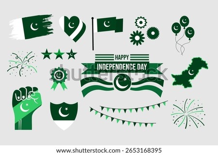 Pakistan Independence Day graphic elements- flag, banner, balloons, stars, heart, ribbon, flowers, fireworks, and many more, 14 August Pakistan Freedom Day celebration elements.