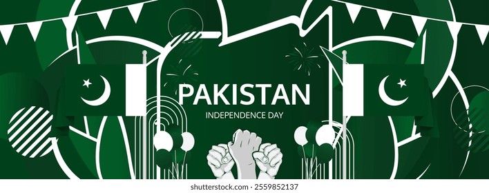 Pakistan Independence Day greeting banner concept. August 14th is celebrated as Pakistani National Day. Template illustration with flag and raised fist, great for national holiday poster.