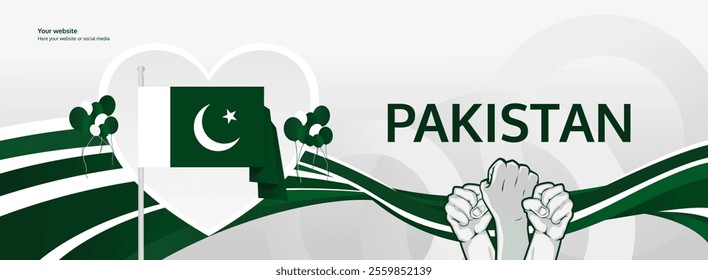 Pakistan Independence Day greeting banner concept. August 14th is celebrated as Pakistani National Day. Template illustration with flag and raised fist, great for national holiday poster.